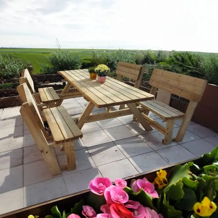 Family picknicktafel met 4 rugleuningen KING® — houten picknicktafel 40 mm plankdikte