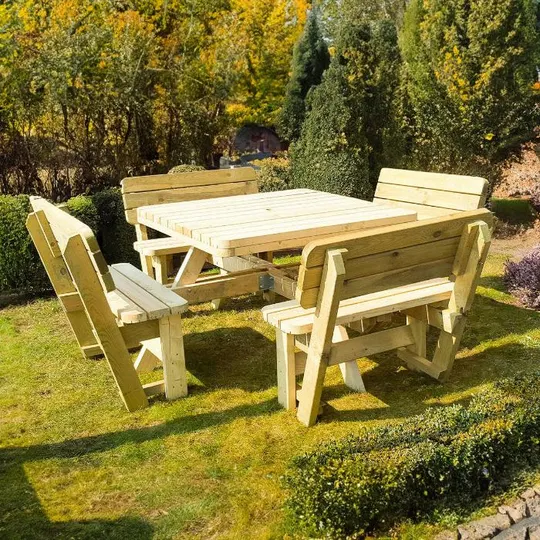 Vierkante picknicktafel XXL 265 × 265 cm met 4 rugleuningen KING® — houten picknicktafel, 40 mm plankdikte